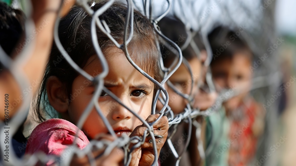 Poster children looking through chain link fence expressing sadness and hope : generative ai