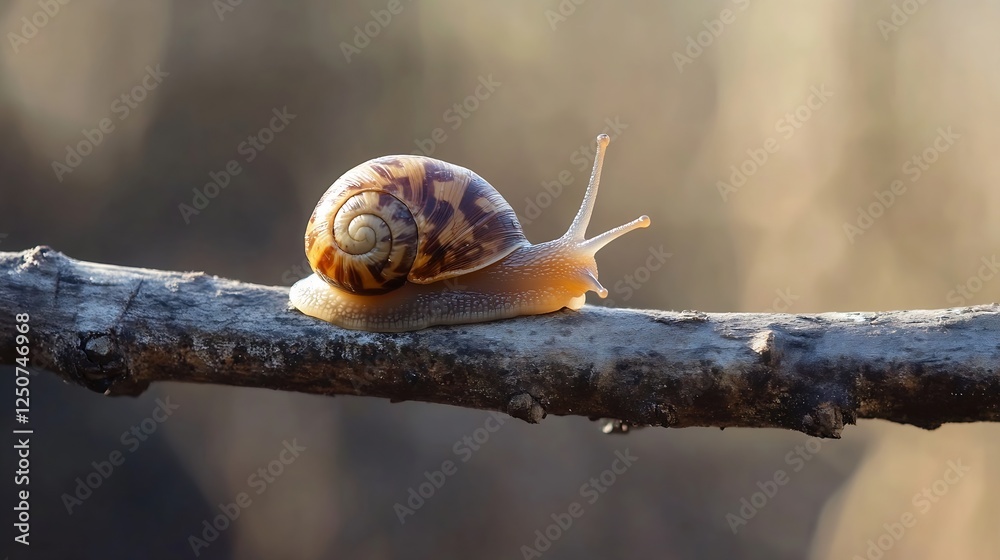Aufkleber Beautiful snail climbing on a twig in natural light showcasing its intricate shell design : Generative AI