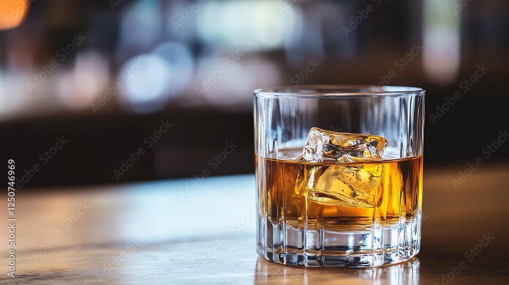 Poster Glass of whiskey with ice cubes elegantly placed on a wooden table in a cozy bar setting : Generative AI