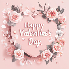  A soft pastel pink banner with floral elements, roses, and heart-shaped petals surrounding the text "Happy Valentine's Day."
