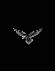 Fototapeta premium A striking black and white line art illustration of an eagle in flight, wings spread wide, against a solid black background.