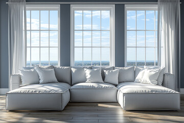 Fototapeta premium White sectional sofa in living room with large windows overlooking scenic view