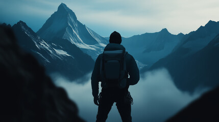Silhouette of a hiker overlooking a dramatic mountain range at dawn, with clouds beneath and sharp peaks illuminated by soft blue light. A breathtaking view of nature's majesty and adventure