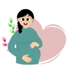 Pregnant woman is holding her belly gently. Pregnant woman, expectant mother, concept illustration in cute style. Health care, pregnancy