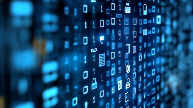 Abstract digital representation of binary code and security icons illustrating modern data encryption technologies : Generative AI