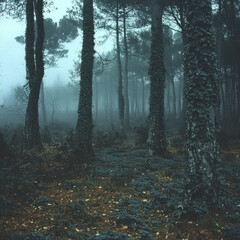 Fototapeta premium Misty forest path with ivy-covered trees, ideal for mysterious or nature-themed projects