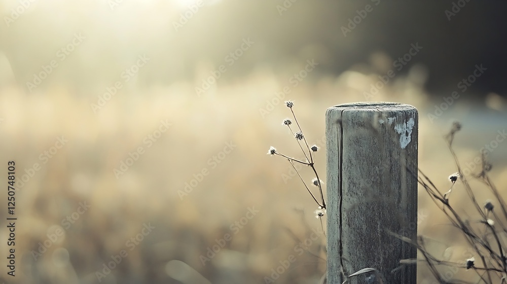 Aufkleber serene focus on a weathered wooden post with delicate dry flowers against a dreamy soft background :