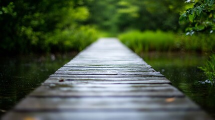 Obraz premium Serene Wooden Walkway Through Lush Greenery and Reflections on Water : Generative AI