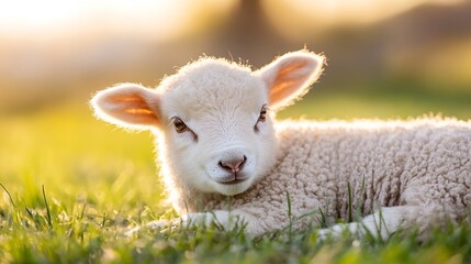 Obraz premium Adorable Lamb Lying in Green Grass with Bright Sunlight Creating a Warm Atmosphere : Generative AI