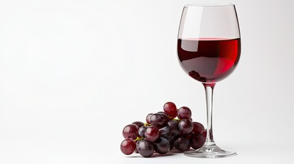 A sophisticated glass of red wine with a cluster of grapes beside it, elegantly placed on a clean white background.