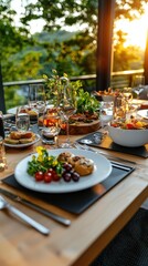 Elegant dinner party ideas showcased on a beautifully set table with soft lighting outdoor setting eye-level view warm atmosphere