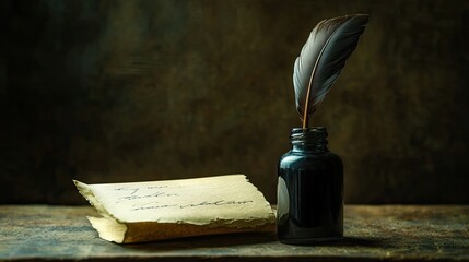 A sophisticated still life of a quill and ink bottle, evoking the romance of handwritten letters.