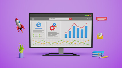 KPI metrics, key performance indicator, data management system, sales report, database and statistics. Business data analytics web UI on computer screen. 3D illustration