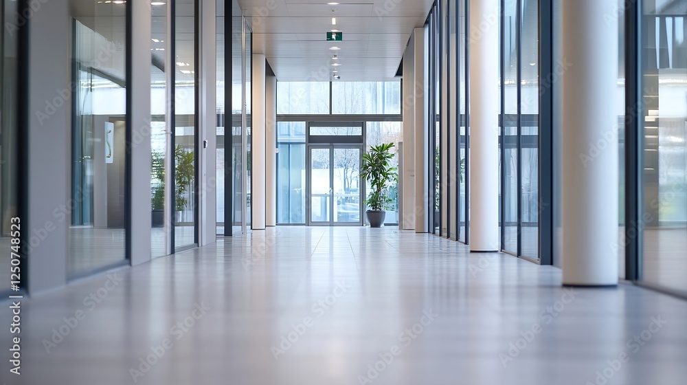 Poster modern hallway with large windows and greenery creating a bright and inviting atmosphere : generativ