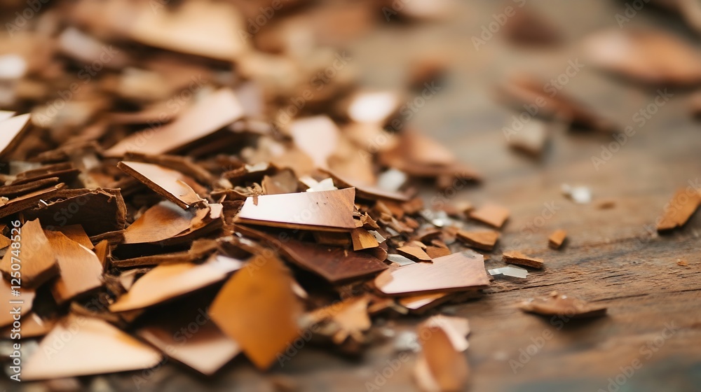 Poster close up of finely chopped wood shavings on a rustic wooden table background : generative ai