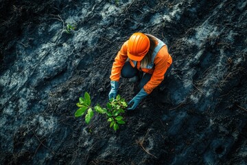 A woman in an orange safety suit plants a sapling in dark soil, contributing to reforestation efforts.