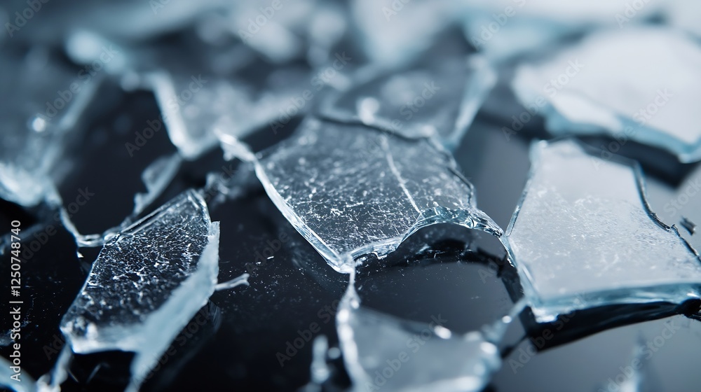 Aufkleber closeup view of shattered glass pieces scattered across a reflective surface creating a dramatic eff