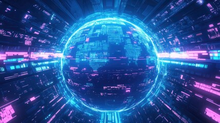 Futuristic Digital World with Bright Neon Lights and Data Flow