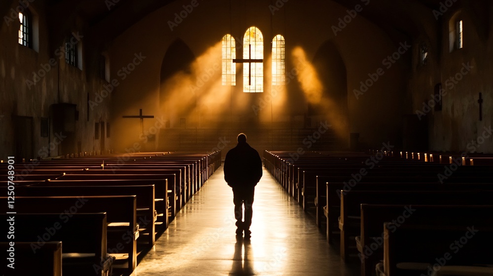 Poster A serene church interior illuminated by soft rays of light shining through stained glass windows : Generative AI