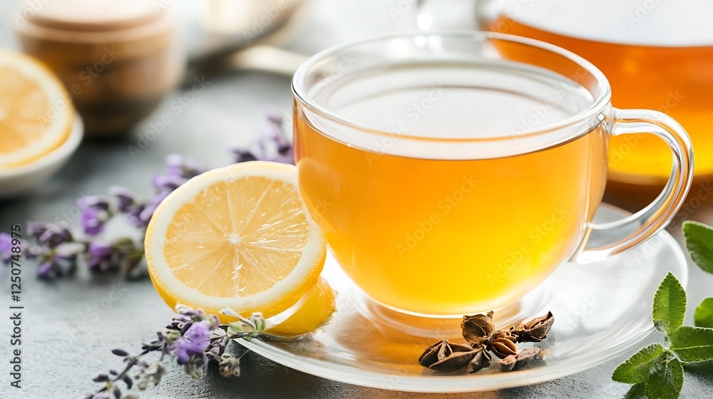 Poster refreshing herbal tea with lemon slices in a clear glass cup relaxing and invigorating drink : gener