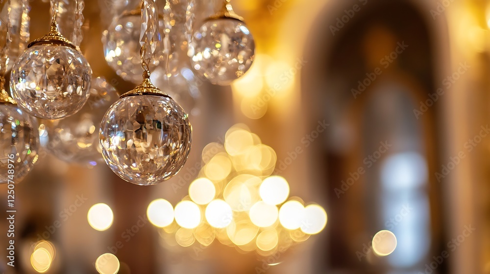 Poster gorgeous closeup of sparkling chandelier crystals reflecting light in a lavish setting : generative 