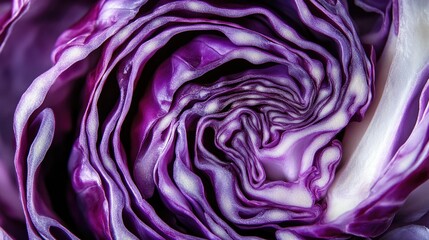 Obraz premium A stunning close-up of a freshly cut purple cabbage, showcasing its intricate swirling layers.