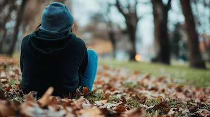 Reflective moment of a young person sitting in calm autumn nature surrounded by colorful leaves : Generative AI