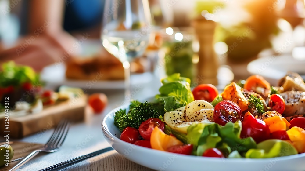 Aufkleber colorful and healthy salad with fresh vegetables and cherry tomatoes on a table setting : generative