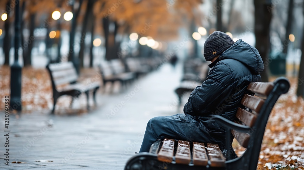 Poster lonely person sitting on a bench in a park during autumn with fallen leaves : generative ai