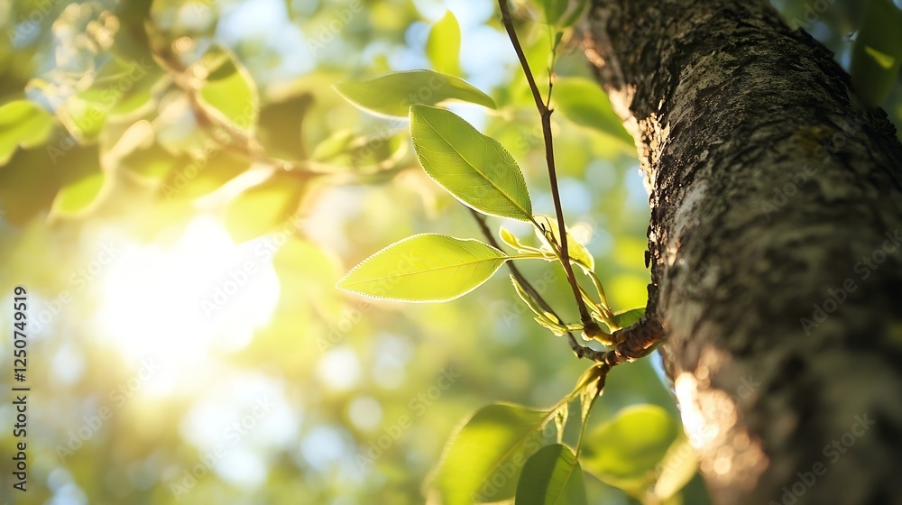 Aufkleber Close up of green leaves on tree trunk with sunlight shining through branches in nature : Generative AI