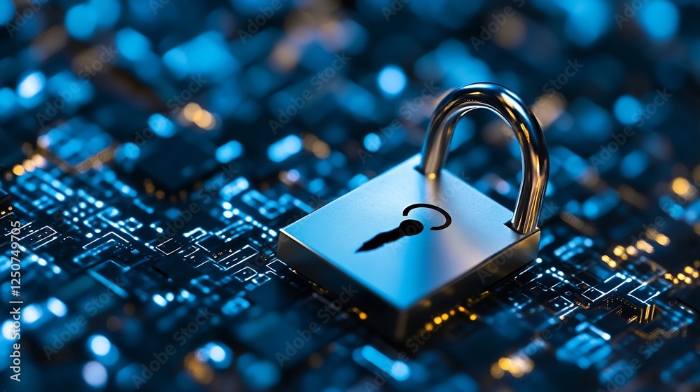 Fototapete A metallic padlock with a security symbol on an abstract circuit board background : Generative AI