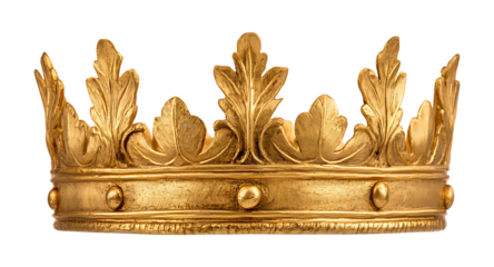 Golden crown with leaf details, isolated on white.