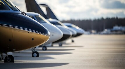 Various private jets lined up on the tarmac under a cloudy sky showcasing luxury air travel lifestyle : Generative AI
