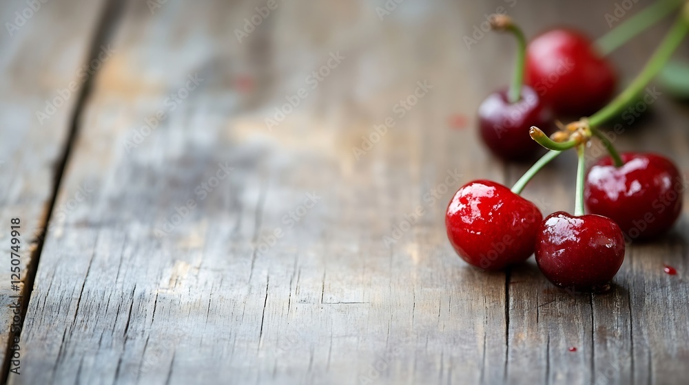 Poster Fresh ripe cherries resting on a rustic wooden table enticingly inviting for a summer treat : Generative AI