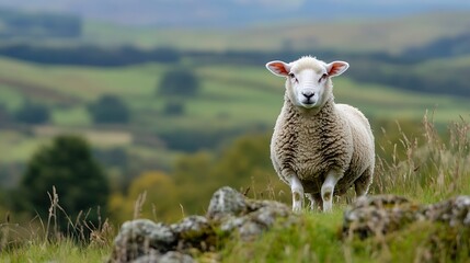 Naklejka premium Curious sheep standing alone on a grassy hill with a beautiful landscape behind it : Generative AI