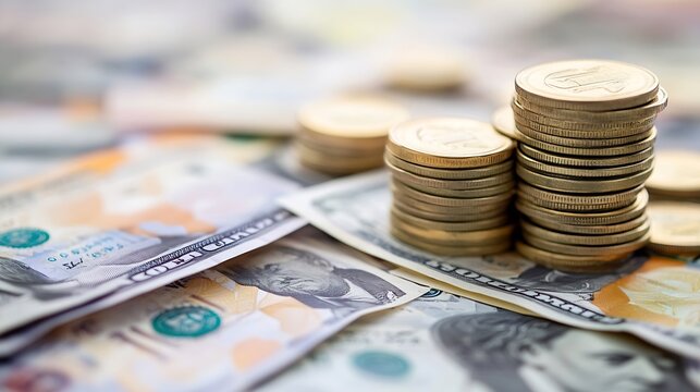 Close up of Stacked Coins and Dollar Bills on a Soft Focus Background : Generative AI