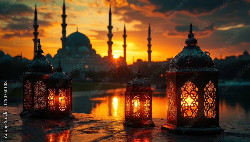 Poster illuminated lanterns at sunset with mosque backdrop.