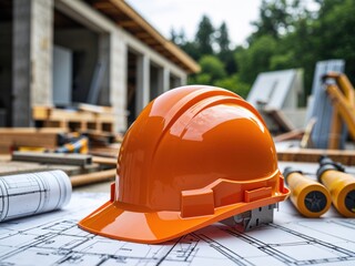 Orange Hard Hat on Construction Site Blueprints