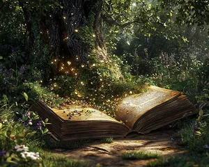 Magical book in enchanted forest  inspiring fantasy  background nature