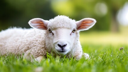 Obraz premium Adorable Young Lamb Laying on Fresh Grass in Sunlit Farm Environment : Generative AI