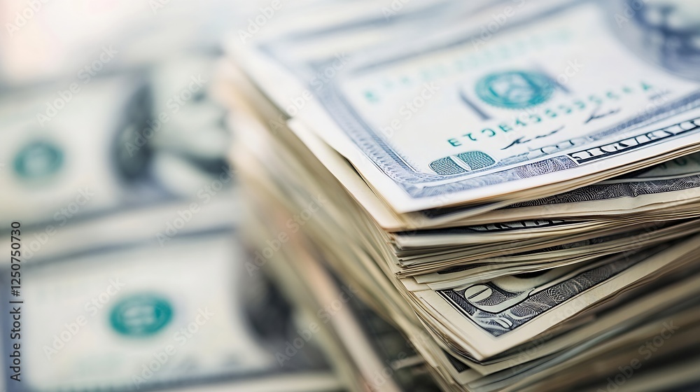 Poster a close up view of stacked usa dollar bills showcasing wealth and currency in a financial concept : 