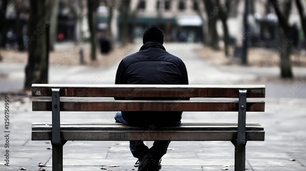 Poster Contemplative person sitting alone on a bench in a park capturing solitude and introspection : Generative AI