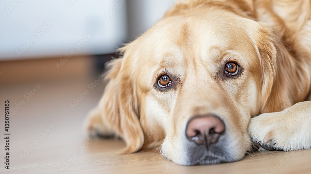 Poster Golden retriever dog resting on the floor with a gentle expression looking directly into the camera : Generative AI