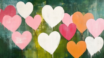 A vibrant celebration of love, featuring pink and white hearts against a whimsical green background.