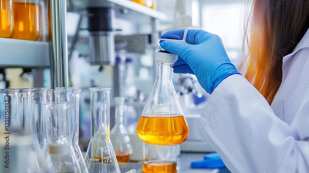Poster scientist in lab coat conducting research with orange chemical liquid in a lab setting : generative 
