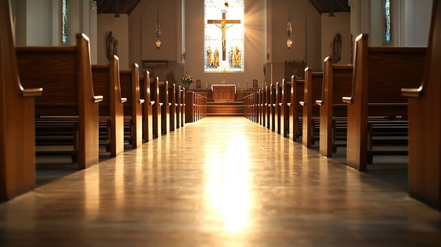 Serene Interior of a Church with Wooden Pews and Illuminated Crucifix in Focus : Generative AI