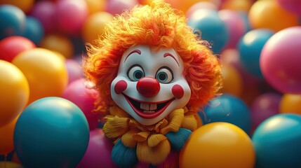 Cheerful clown surrounded by colorful balloons in a festive atmosphere