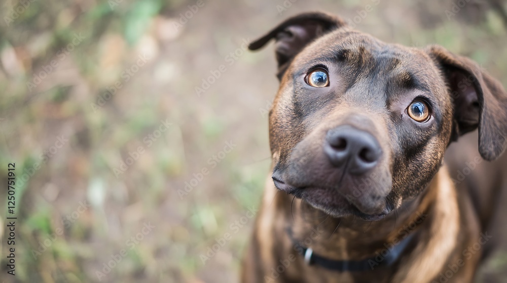 Poster close up of a playful dog looking up with expressive eyes and a friendly gaze in nature : generative