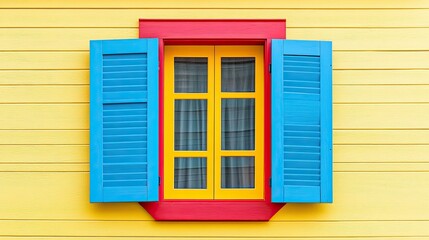 Fototapeta premium A vibrant window with bold blue shutters, a sunny yellow frame, and striking red accents, inviting a touch of charm.
