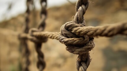 Closeup view of a securely tied knot in rugged rope showcasing craftsmanship and durability : Generative AI
